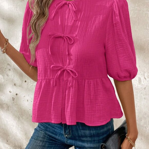 Hot Pink Cute Women's Tie Front Crop Top With Puff Sleeves & Ruffle Hem - Picture 4 of 6